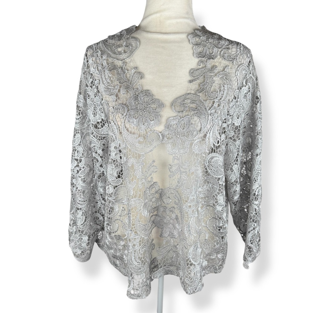 Sheer Victorian Lace Cardigan Womens Size XL Edwardian Regency Silver Fairy Top